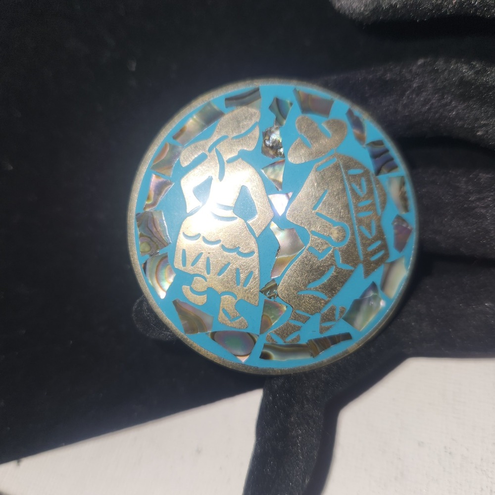 Vintage Alpaca Mexico Abalone Turquoise Inlay Brooch Pendant Mexican Couple 1.5"